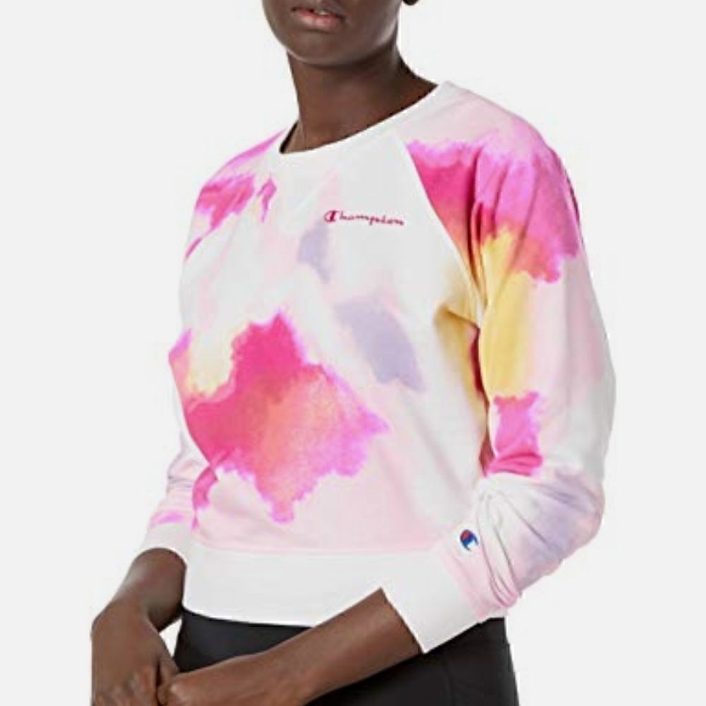CHAMPION CAMPUS FRENCH TERRY CREWNECK SWEATSHIRT IN WHITE NEON WATERCOLOR SIZE M - Picture 11 of 11